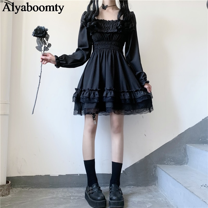 shop with crypto buy Japanese Lolita Style Women Princess Black Mini Dress Slash Neck High Waist Gothic Dress Puff Sleeve Lace Ruffles Party Dresses pay with bitcoin