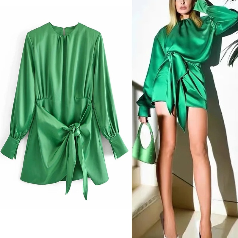 shop with crypto buy TRAF Za 2021 Green Dress Women Satin Dress Woman Elegant Long Sleeve Mini Summer Dress Lady Knot Wrap Evening Short Dresses pay with bitcoin