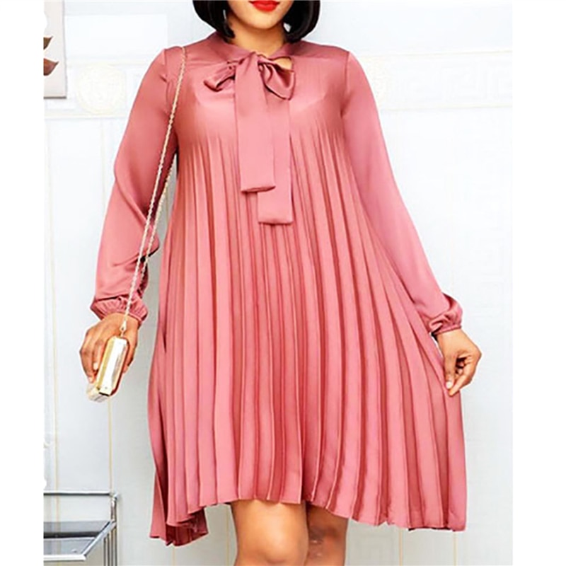 shop with crypto buy Plus Size Pleated Dresses with Bowtie Long Lantern Sleeves Knee Length Women Fashion Summer Autumn Female African Vestidos New pay with bitcoin