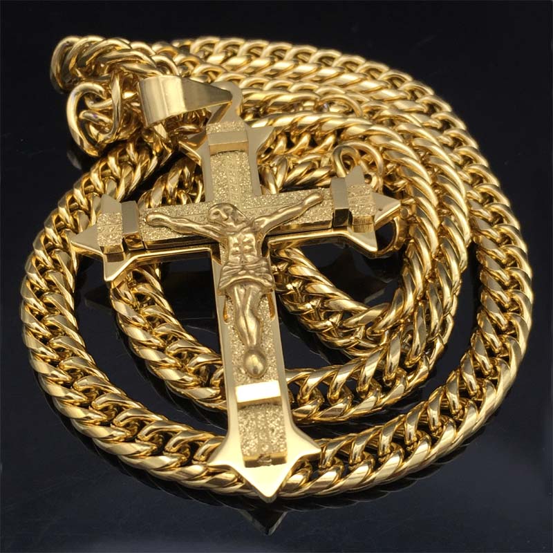 shop with crypto buy Gold tone Cross Christ Jesus Pendant Necklace Stainless Steel Link rolo Chain Heavy Men Jewelry Gift 21 65  7mm pay with bitcoin