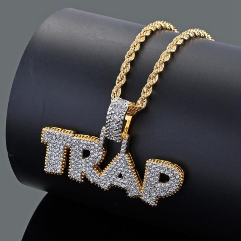 shop with crypto buy Ice Out Chain Necklace Trap Design Letter Pendant Personality Trend Fashion Hip Hop Necklace pay with bitcoin