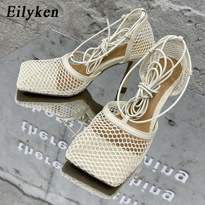 shop with crypto buy Eilyken 2021 New Sexy Yellow Mesh Pumps Sandals Female Square Toe high heel Lace Up Cross-tied Stiletto hollow Dress shoes pay with bitcoin