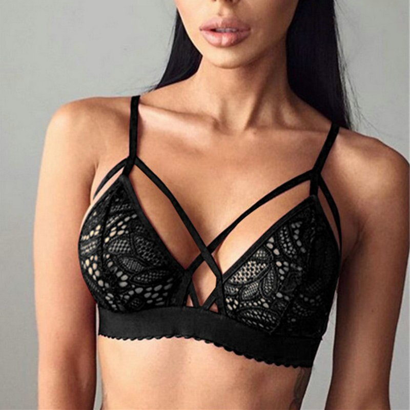 shop with crypto buy S-XL Women Underwear Sexy Lingerie Lace Solid Color Front Cross Side Buckle Wireless Push up Breathable Sleep Sports Bra pay with bitcoin