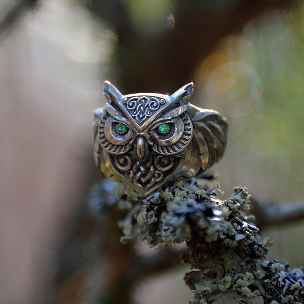 shop with crypto buy New Fashion Retro Green Eyed Owl Men s Ring Viking Pattern Totem Jewelry Gift pay with bitcoin