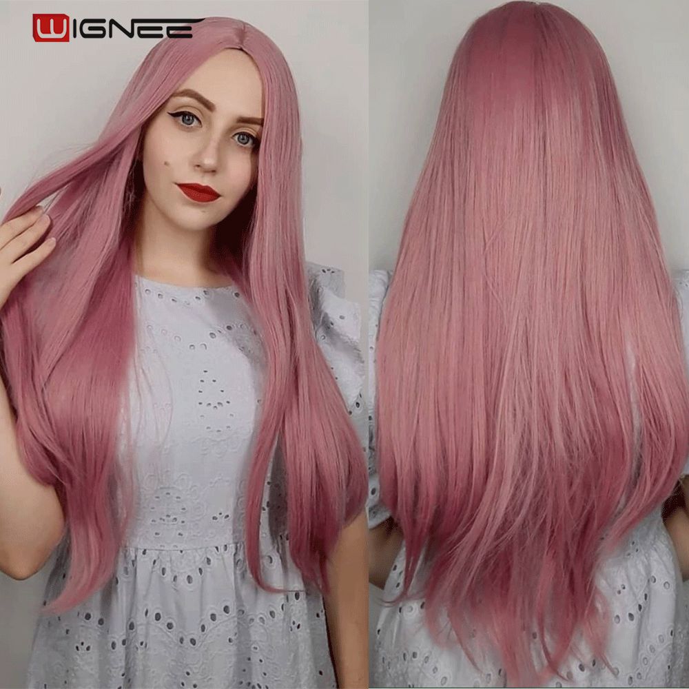 shop with crypto buy Wignee Pink Long Straight Hair Synthetic Wig For Women Cosplay Wig Pink Middle PartDaily/Party Heat Resistant Glueless Hair Wigs pay with bitcoin