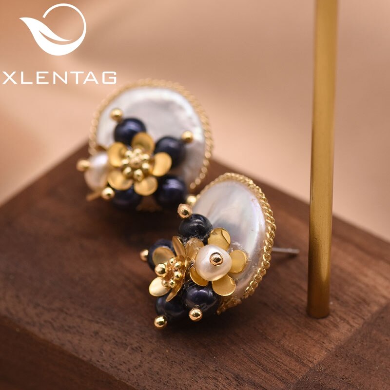 shop with crypto buy XlentAg Handmade Natural Baroque Flat Pearl Earrings For Women Wedding Party Flower Stud Earrings Luxury Fine Jewellery GE0650 pay with bitcoin