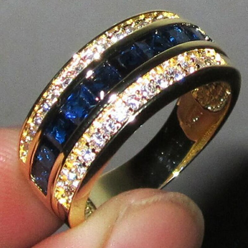shop with crypto buy Fashion Female Blue zircon Stone Ring 18KT Yellow Gold Color Rings Gorgeous Wedding Bands For Women Engagement Jewelry Gifts pay with bitcoin