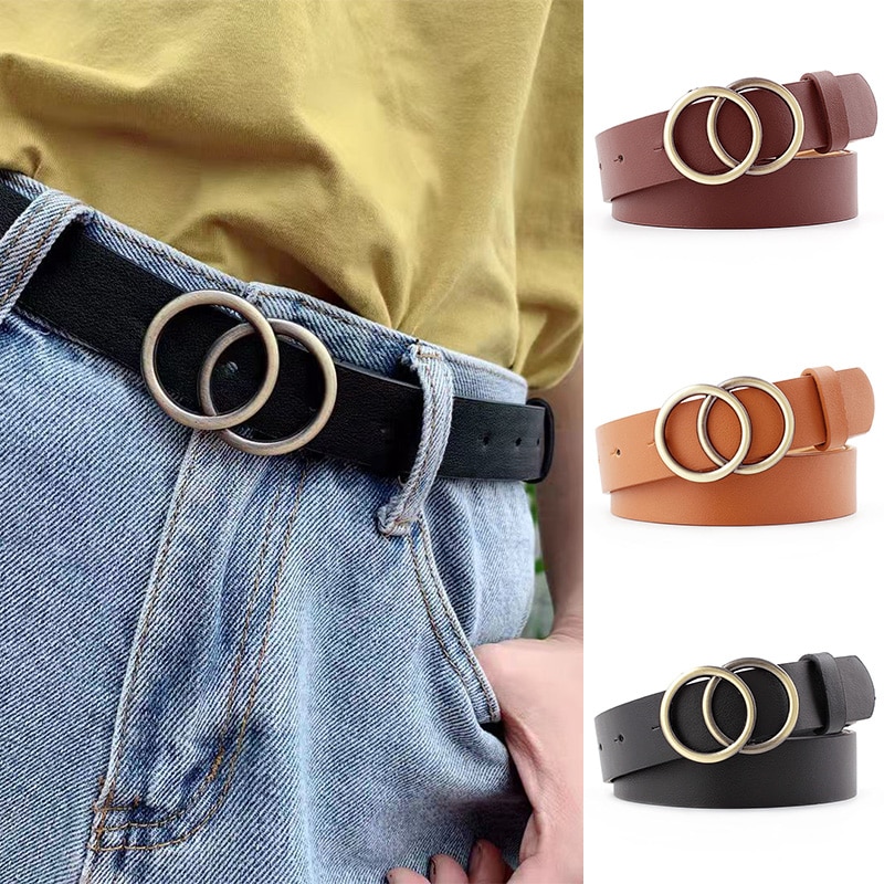 shop with crypto buy Women Fashion Big Double Ring Circle Metal Buckle Belt Wild Waistband Ladies Wide Leather Straps Belts for Leisure Dress Jeans pay with bitcoin