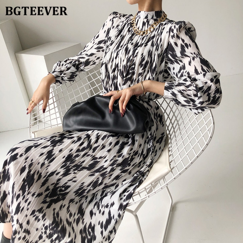 shop with crypto buy BGTEEVER 2021 Spring New Stand Collar Women Full Sleeve Dress Elegant Hit Color Female Lace up Printed Midi Dress Vestidos pay with bitcoin
