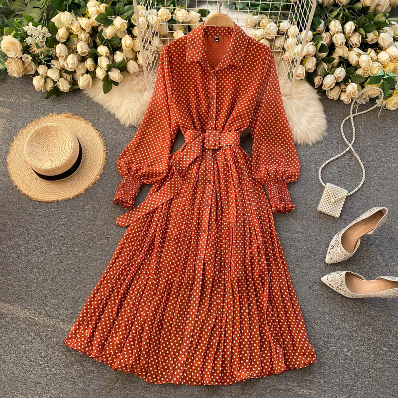 shop with crypto buy Spring And Summer French Vintage Maxi Dress 2021 Sundress Ladies Long Sleeve Orange Polka Dot Chiffon Pleated Dresses Femme Robe pay with bitcoin