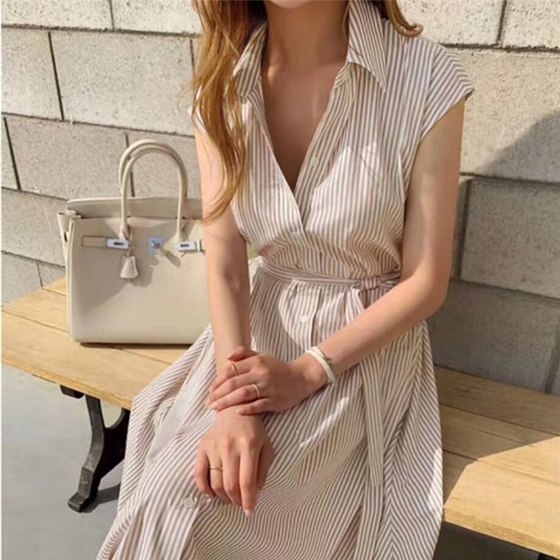 shop with crypto buy Colorfaith New 2021 Women Spring Summer Shirt Dress Multi Colors Casual Sleeveless Striped Oversize Lace Up Long Dress DR1970 pay with bitcoin