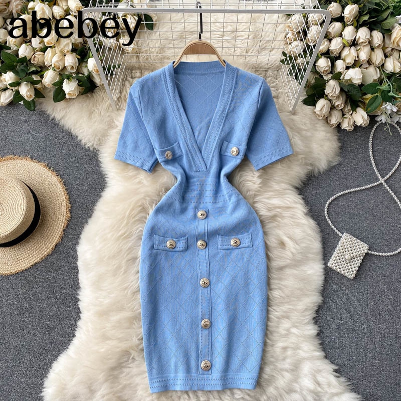 shop with crypto buy Women Knitted Pencil Dress V Neck Short Sleeve Elastic Slim Sheath Dresses Summer Korean Chic Streetwear Short Dress pay with bitcoin