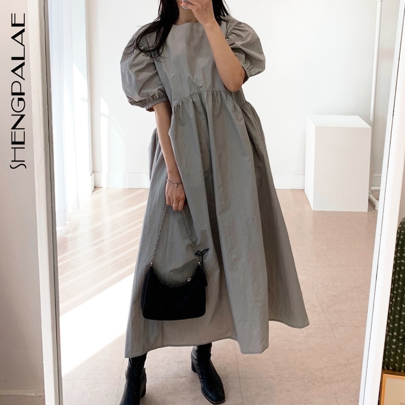shop with crypto buy SHENGPALAE 2021 New Summer Women Vintage Loose High Waist Slim Was Thin Elegant Round Neck Pleated Design Maxi Dress ZA4173 pay with bitcoin