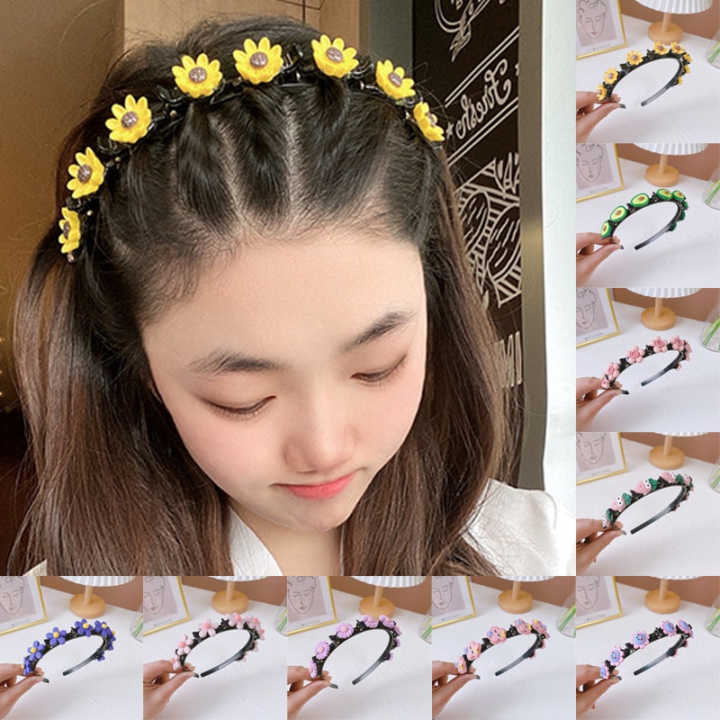 shop with crypto buy New Cute Cartoon Flower Double Bangs Braided Hairbands For Girls Sweet Hairstyle Hair Clips Headband Fashion Hair Accessories pay with bitcoin