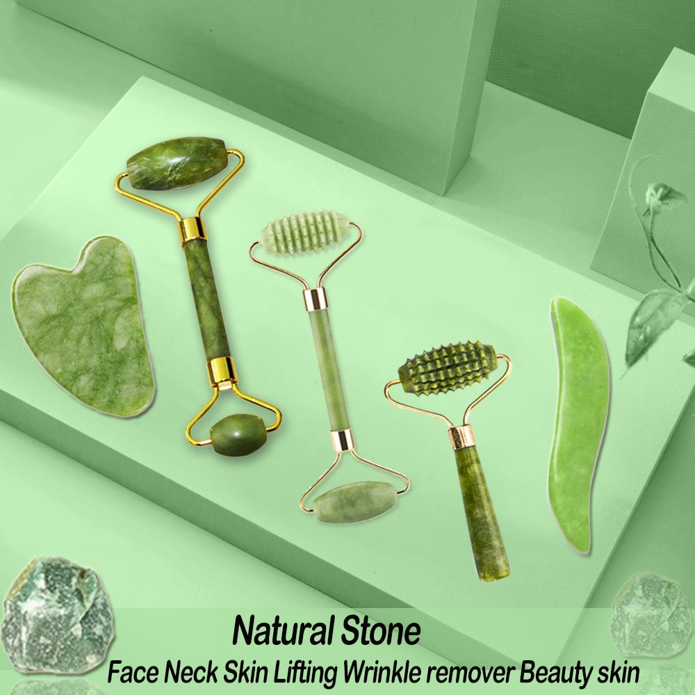 shop with crypto buy Natural Face Massager Gua Sha Jade Roller Face Massage Tool Set Face For Massager Guasha Facial Neck Skin Beauty Care Set pay with bitcoin