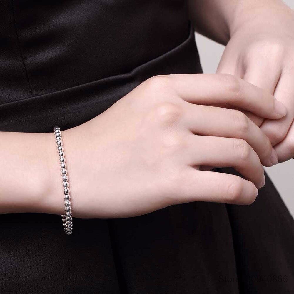 shop with crypto buy 100  925 Solid Real Sterling Silver Fashion 4mm Beads Chain Bracelet for Women 20cm For Teen Girls Lady Gift Women Fine Jewelry pay with bitcoin
