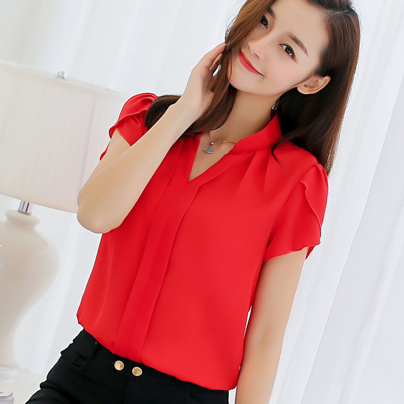 shop with crypto buy  Women Short Sleeve Korean style Blouse Female Chiffon bow knot Casual Solid Colours Ladies Shirts Plus Size Women Clothing pay with bitcoin