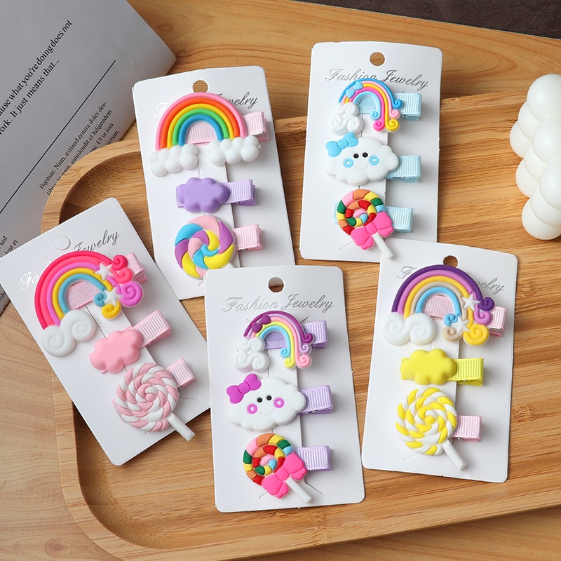 shop with crypto buy 3pcs/Set New Girls Cute Rainbow Clouds lollipop Hairpins Children Sweet Hair Clips Barrette Hair Ornament Cute Hair Accessories pay with bitcoin