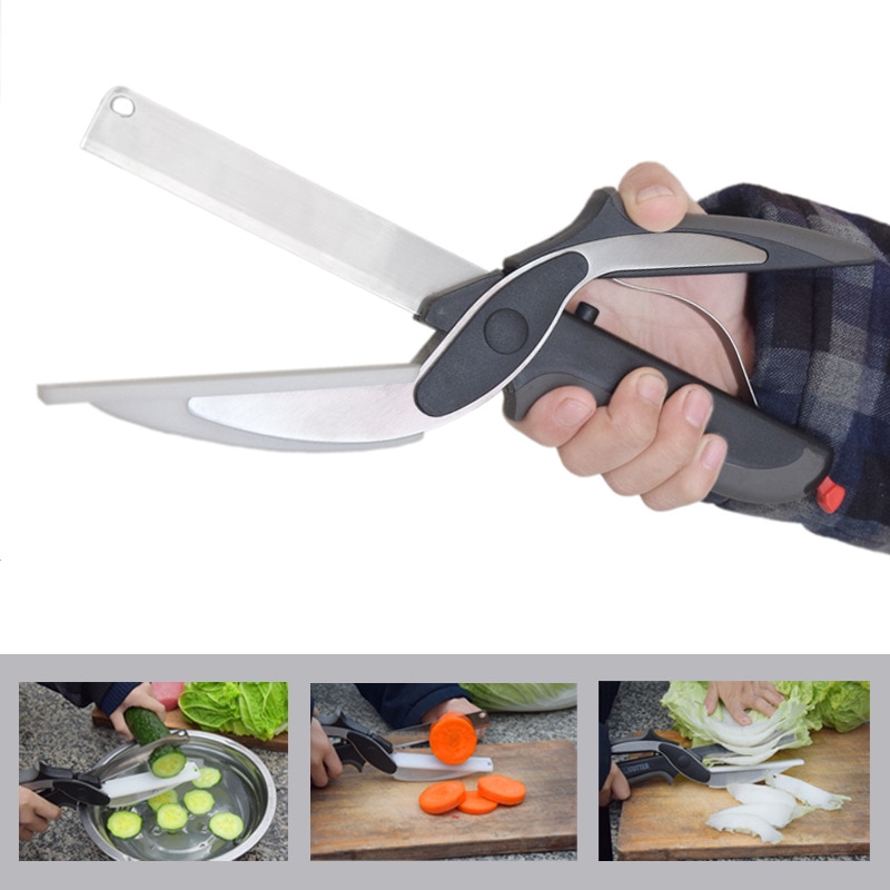 shop with crypto buy Kitchen Food Scissor 2 in 1 Utility Scissors Knife&Board Smart Chef Stainless Steel Ourdoor Meat Potato Cheese Vegetable Kitchen pay with bitcoin