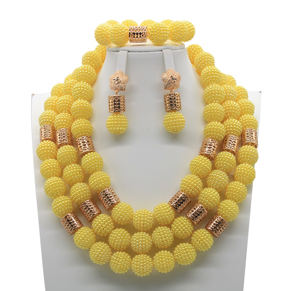 Bright Yellow Color Plastic Ball Necklace Bracelet Earrings Set African Wedding Jewelry Nigeria Beads Women Jewelry HS0004