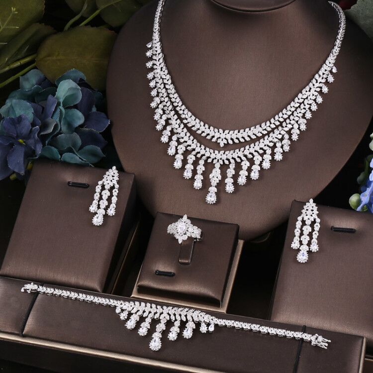 AccKing 4pcs Bridal Zirconia Full Jewelry Sets For Women Party, Luxury Dubai Nigeria CZ Crystal Wedding Jewelry Sets