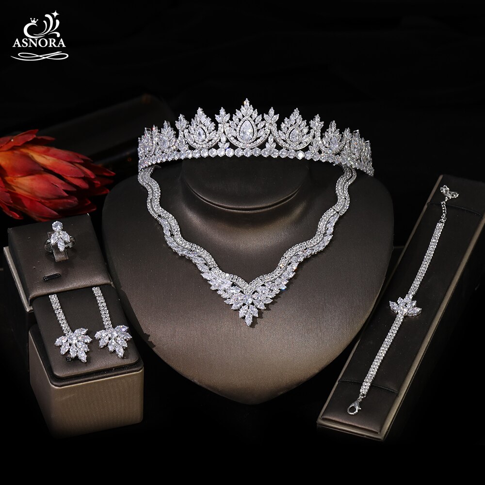 shop with crypto buy ASNORA Women s Cubic Zirconia Wedding Jewelry Dubai Bridal Jewelry High Quality Headdress Adult Gift Birthday Crown Set pay with bitcoin