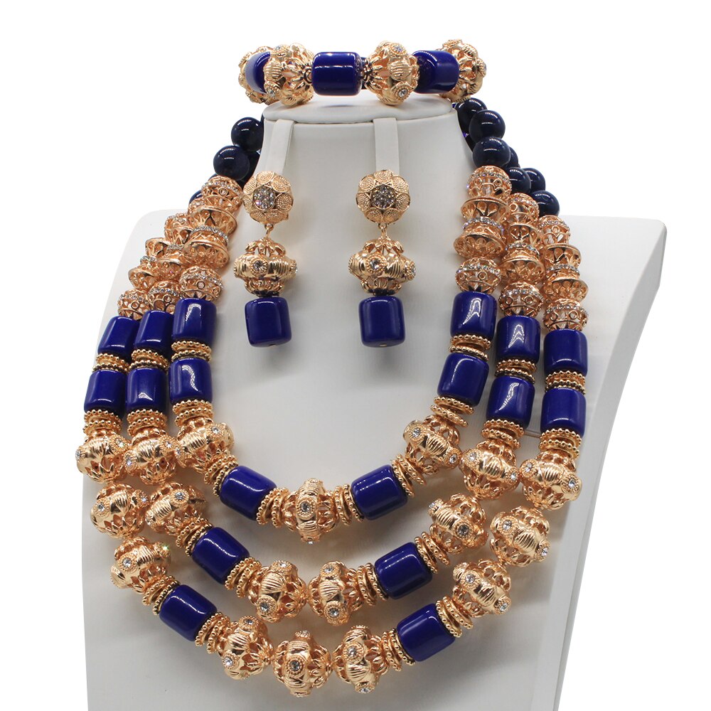 shop with crypto buy Real Coral Beads 3 Layers Blue Costume Necklace African Bridal Jewelry Set Dubai Gold Nigerian Wedding Necklace Set ABG7 pay with bitcoin