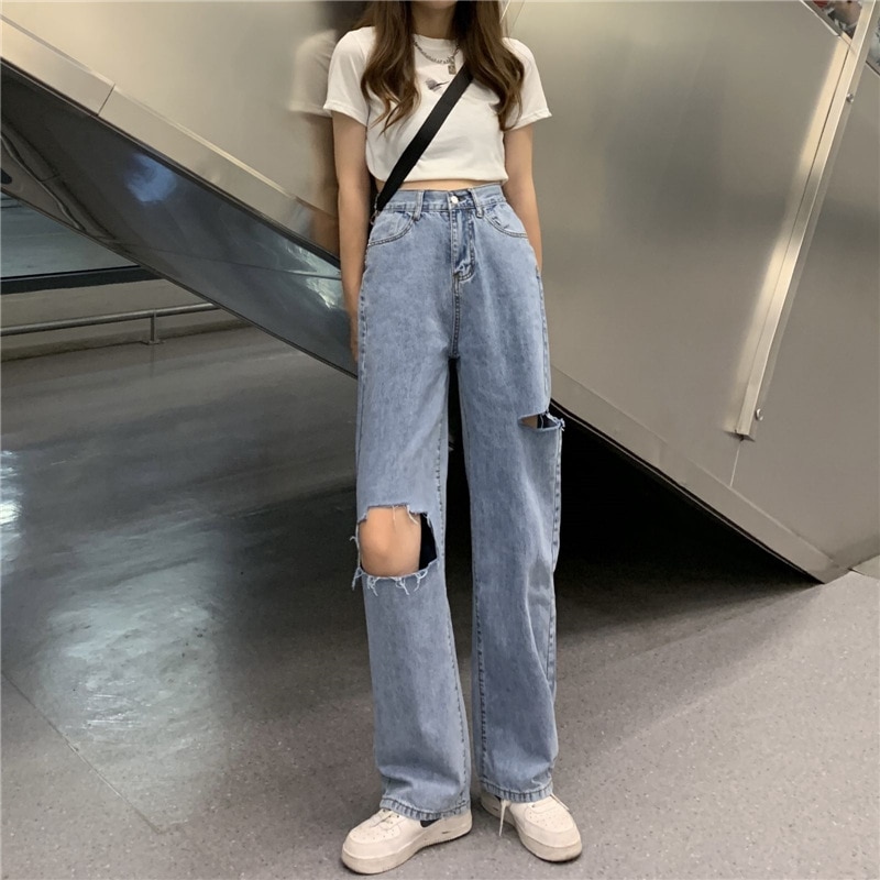 shop with crypto buy Light Blue Denim Trousers Retro Wide leg pants women s Ripped Trousers High Waist Casual Jeans Women pay with bitcoin