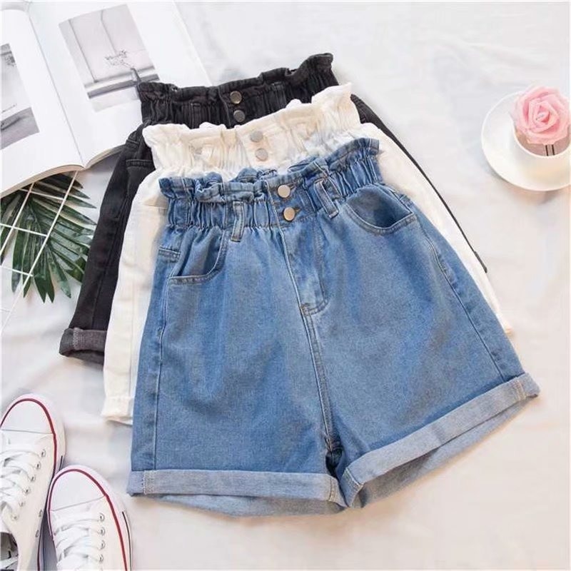 shop with crypto buy Denim Shorts Womens Large Size 2020 Summer New High Waist Loose All match Slim Wide Leg pay with bitcoin