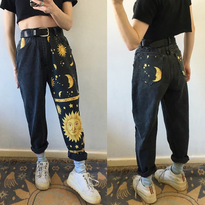 shop with crypto buy 2021 Digital Moon Star Printed Straight Pants Trendy Pants Jeans Fashion Printed Ladies High Waist Young Girls Chic Denim Pants pay with bitcoin