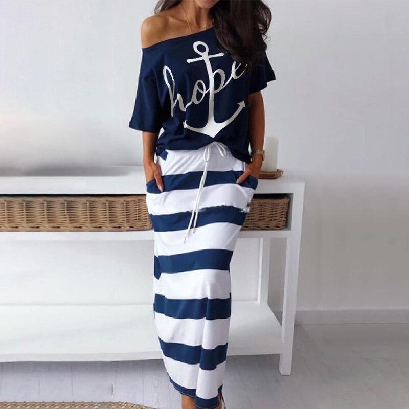 shop with crypto buy Women Off Shoulder Blouses T shirt  Striped Maxi Dress Summer Slim Slash Neck 2 Pieces Sets Female Casual Ankle Length Dress pay with bitcoin