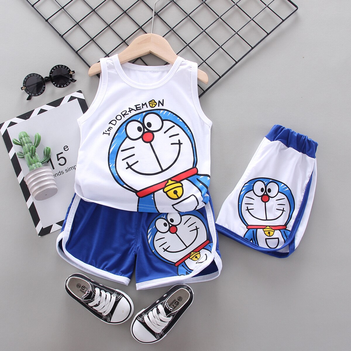 shop with crypto buy Baby Boys Summer Clothes Sets Infant Kids Cartoon Doraemon Cotton Sleeveless T-shirt Vest+Shorts 2Pcs Suits Toddler Clothing pay with bitcoin