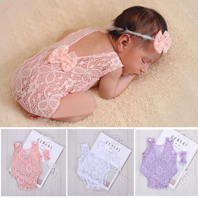 shop with crypto buy Lace Baby Rompers Newborn Infant Photography Clothes with Bow Headband Bebe Girls Photo Clothing Jumpsuit Costumes pay with bitcoin