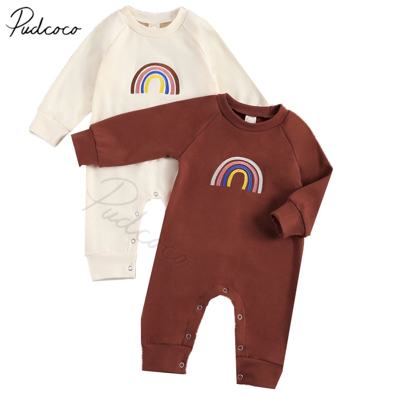 shop with crypto buy Infant Newborn Baby Girls Boys Rainbow Embroidery Romper Long Sleeve Jumpsuits Casual One Piece Spring Autumn Outfits pay with bitcoin