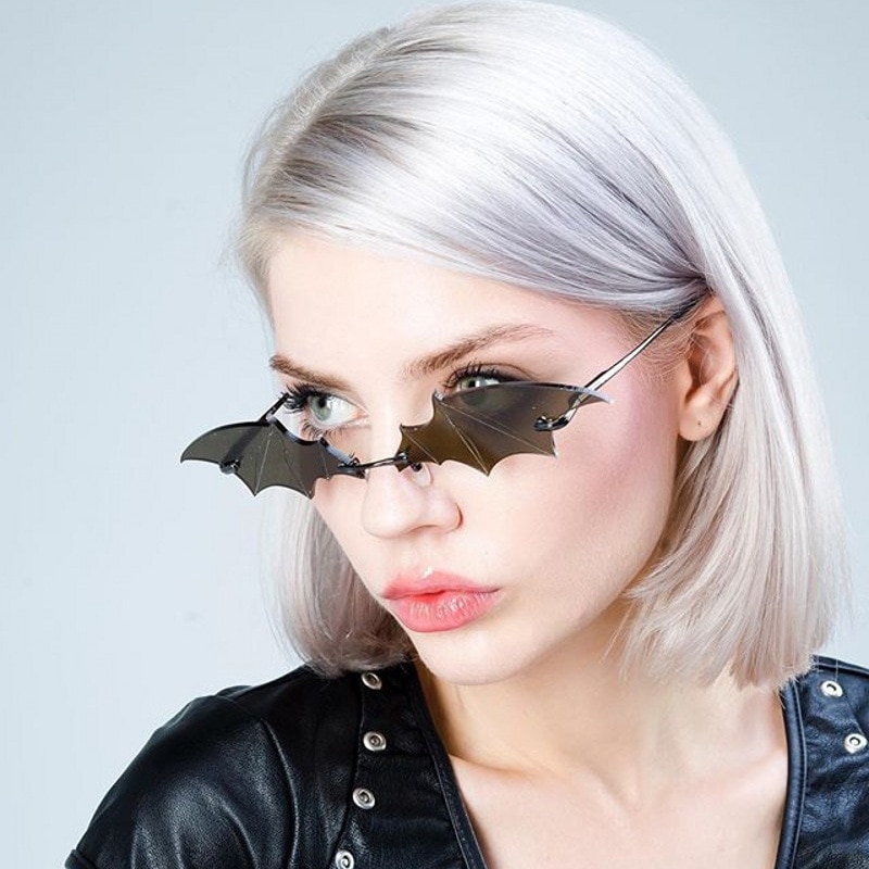 shop with crypto buy Fashion Rimless Men Sunglasses Women Trendy Bat Shaped Sun Glasses Female Male Vintage Black Mirror Shades Metal Oculos De Sol pay with bitcoin