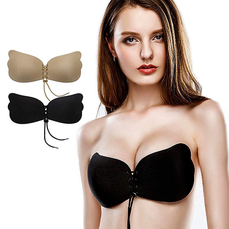 shop with crypto buy Women Self Adhesive Strapless Bandage Blackless Solid Bra Sticky Gel Silicone Push Up Women Underwear Invisible Bra DropShip pay with bitcoin