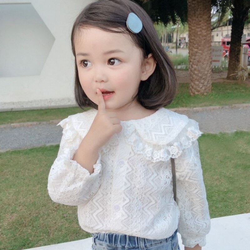 shop with crypto buy Toddler Girl Fall Boutique Clothes Children White Shirt Baby Lapel Doll Shirt Long Sleeve Girl Western Style Lace Top Blusa pay with bitcoin