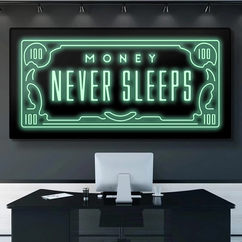 shop with crypto buy Money Never Sleep Canvas Painting Nordic Quotes Letter Money Posters and Prints Inspirational Decorative Wall Picture Office pay with bitcoin