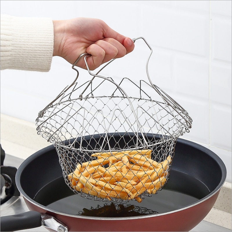 shop with crypto buy 1PC stainless steel Foldable Steam Rinse Strain Fry Oil Fry Chef Basket Mesh Mesh Basket Strainer Net Kitchen Cooking Tool pay with bitcoin