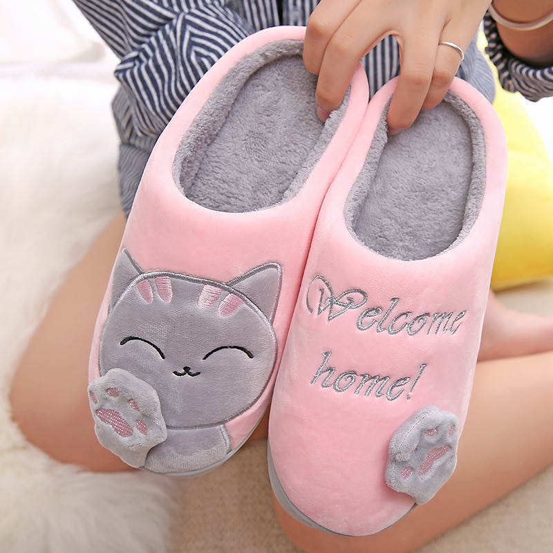 shop with crypto buy Dropshipping Women Winter Home Slippers Cartoon Cat Shoes Soft Winter Warm House Slippers Indoor Bedroom Slippers Couples T065 pay with bitcoin