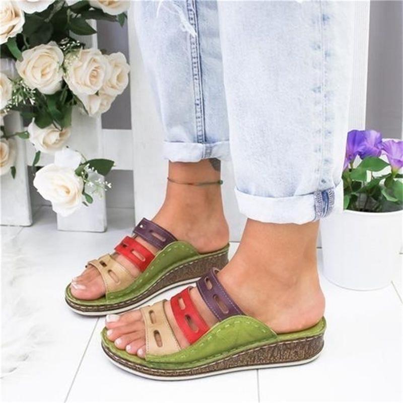 shop with crypto buy Women,s Beach Slippers 2020 Summer Women Lady Retro Stitching ColorCasual Low Beach Open Peep Toe Sandals 3 colors Shoes Slides pay with bitcoin