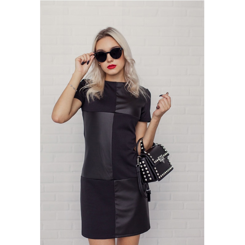 shop with crypto buy Women Vintage Leather Patchwork Elegant Office Dress Long Sleeve O neck Solid Casual Mini Dress 2019 Winter New Fashion Dress pay with bitcoin