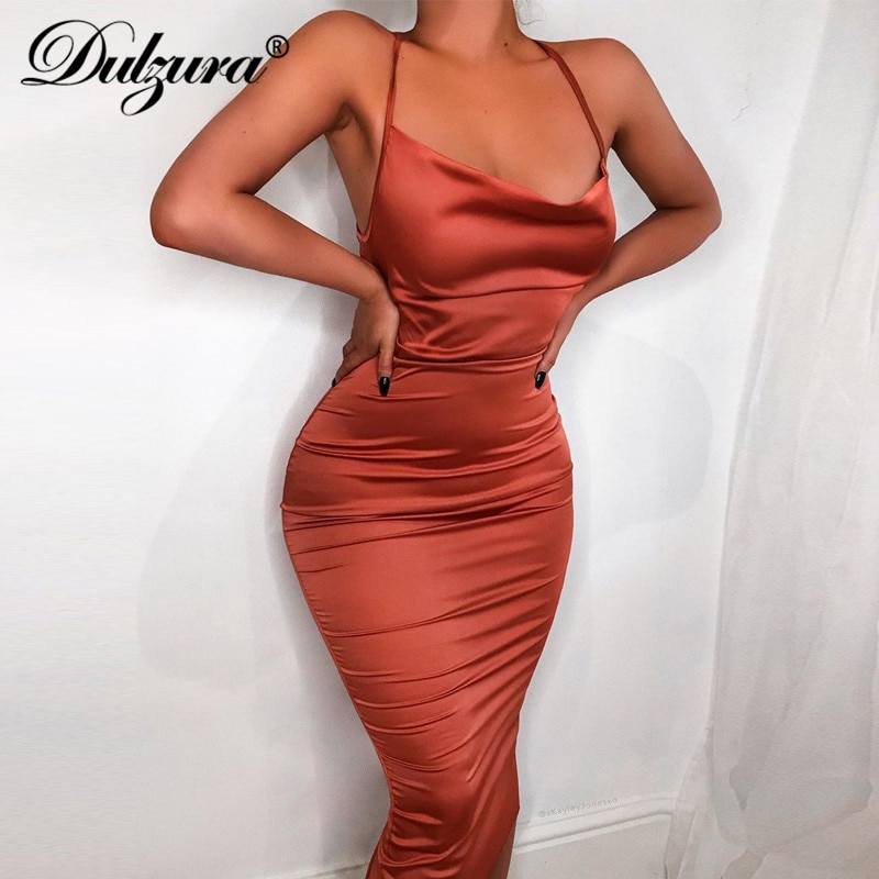 shop with crypto buy Dulzura neon satin lace up 2020 summer women bodycon long midi dress sleeveless backless elegant party outfits sexy club clothes pay with bitcoin