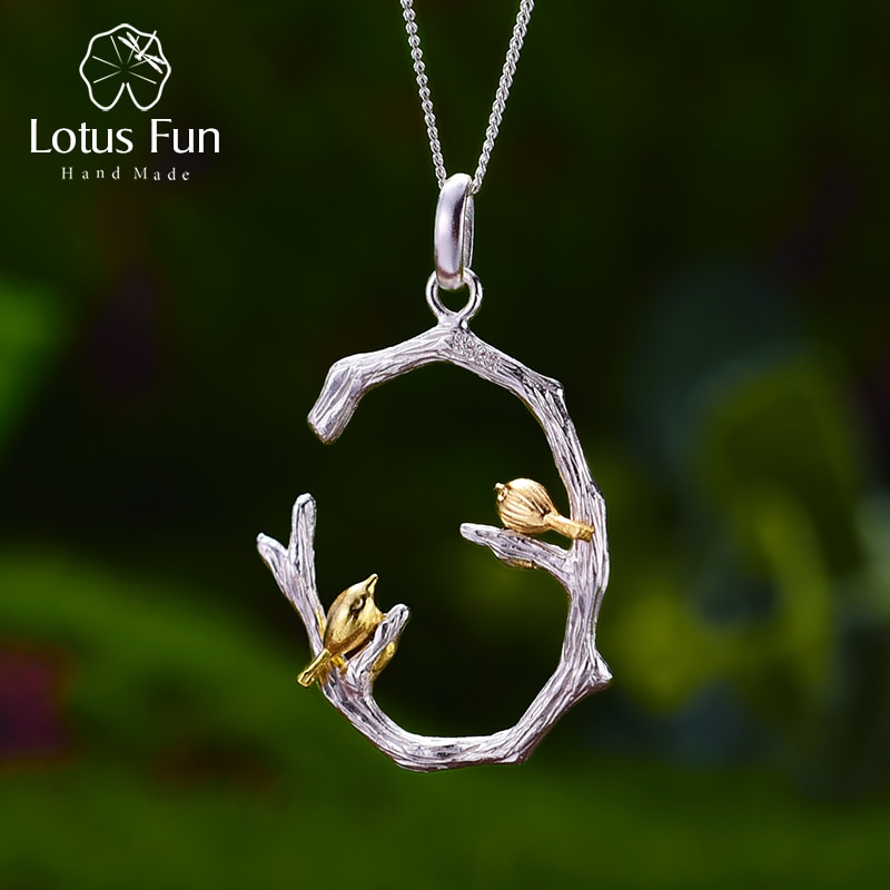 shop with crypto buy Lotus Fun Real 925 Sterling Silver Natural Original Fine Jewelry 18K Gold Bird on Branch Pendant without Necklace for Women Gift pay with bitcoin