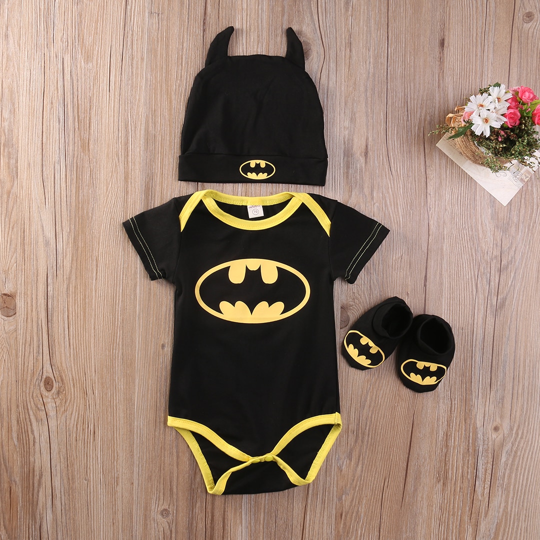 shop with crypto buy Pudcoco Boy Jumpsuits Newborn Baby Boy Girl Clothes Batman Rompers+Shoes+Hat Costumes 3Pcs Outfits Set pay with bitcoin