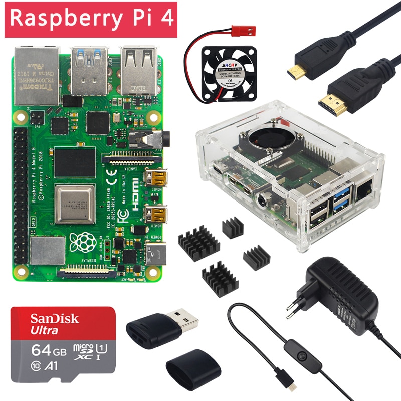 shop with crypto buy Raspberry Pi 4 Model B 4GB RAM + Case + Fan + Heat Sink + Power Adapter +64 GB SD Card + Micro HDMI Cable for RPI 4B pay with bitcoin