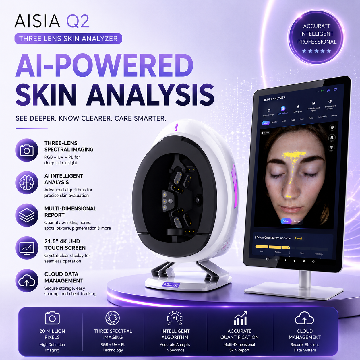 21.5 Inch AISIA Q2 3D AI Skin Analyzer Facial Scanner Skin Problem Detector Diagnosis Device Beauty Salon Necessary Equipment