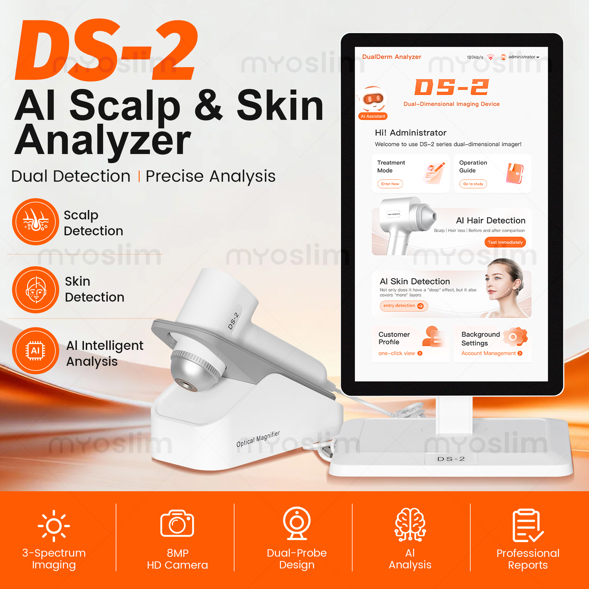 MYO slim DS-2 AI Scalp  Skin Analyzer Machine Dual Probe 3 Spectrum 8MP HD Camera 15.6 Inch Touch Screen Facial Scalp Hair - Image 3