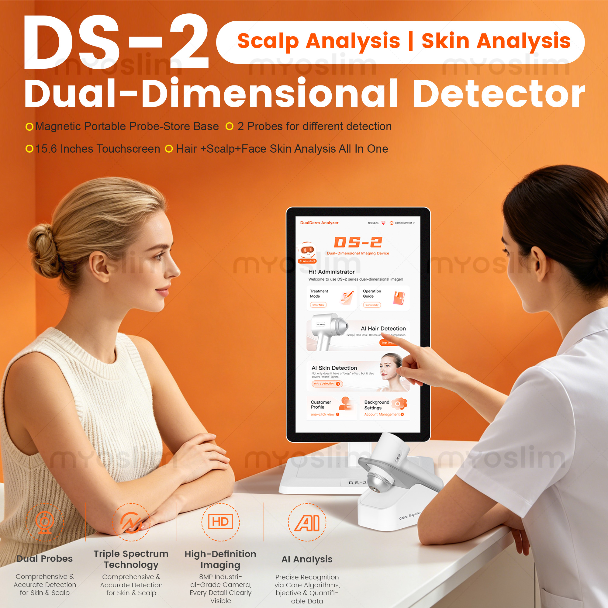 MYO slim DS-2 AI Scalp  Skin Analyzer Machine Dual Probe 3 Spectrum 8MP HD Camera 15.6 Inch Touch Screen Facial Scalp Hair - Image 5