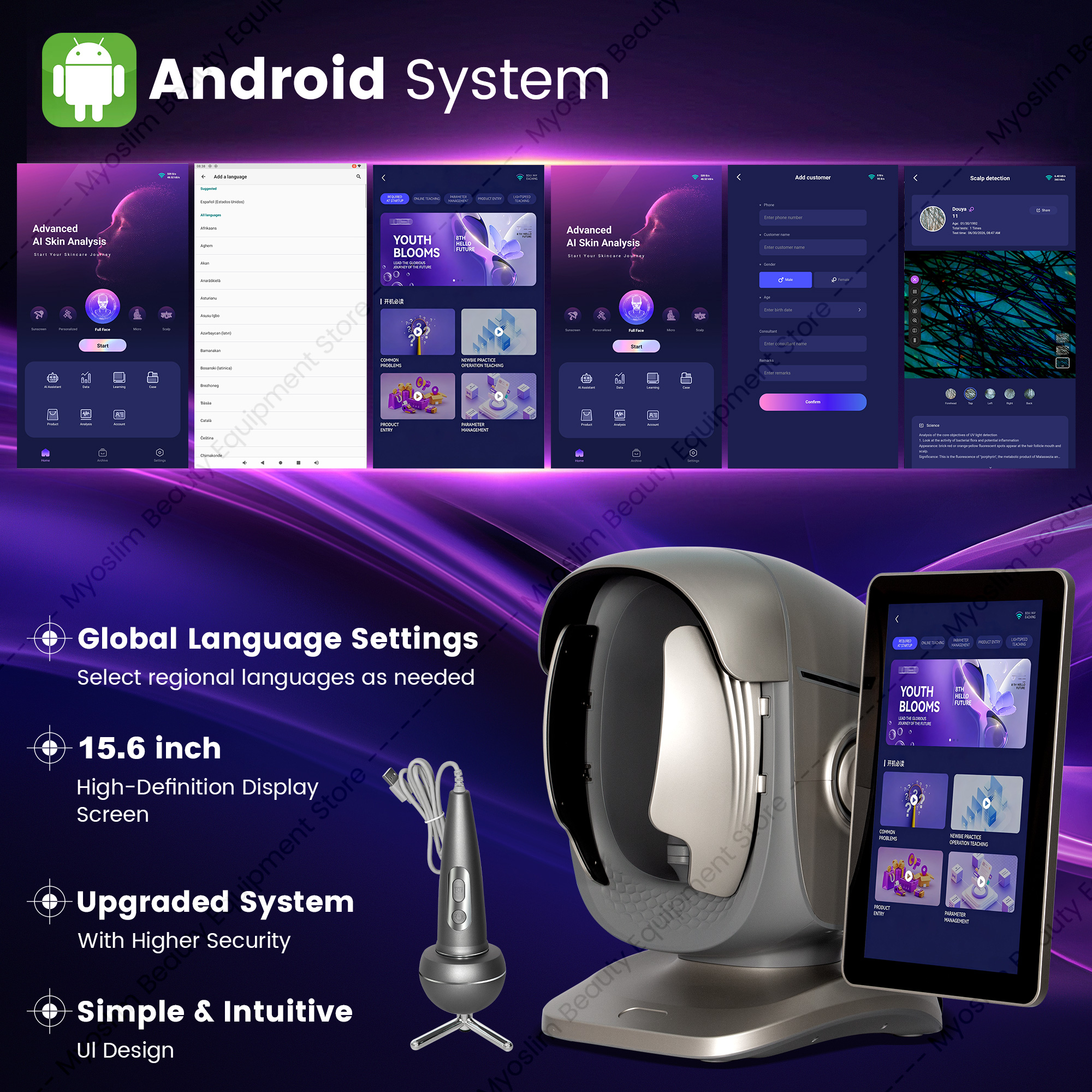Professional 3D Facial Skin Analyzer Scanner with Dermatoscope and Face Mirror for Skin Face Diagnostics Analysis Machine.